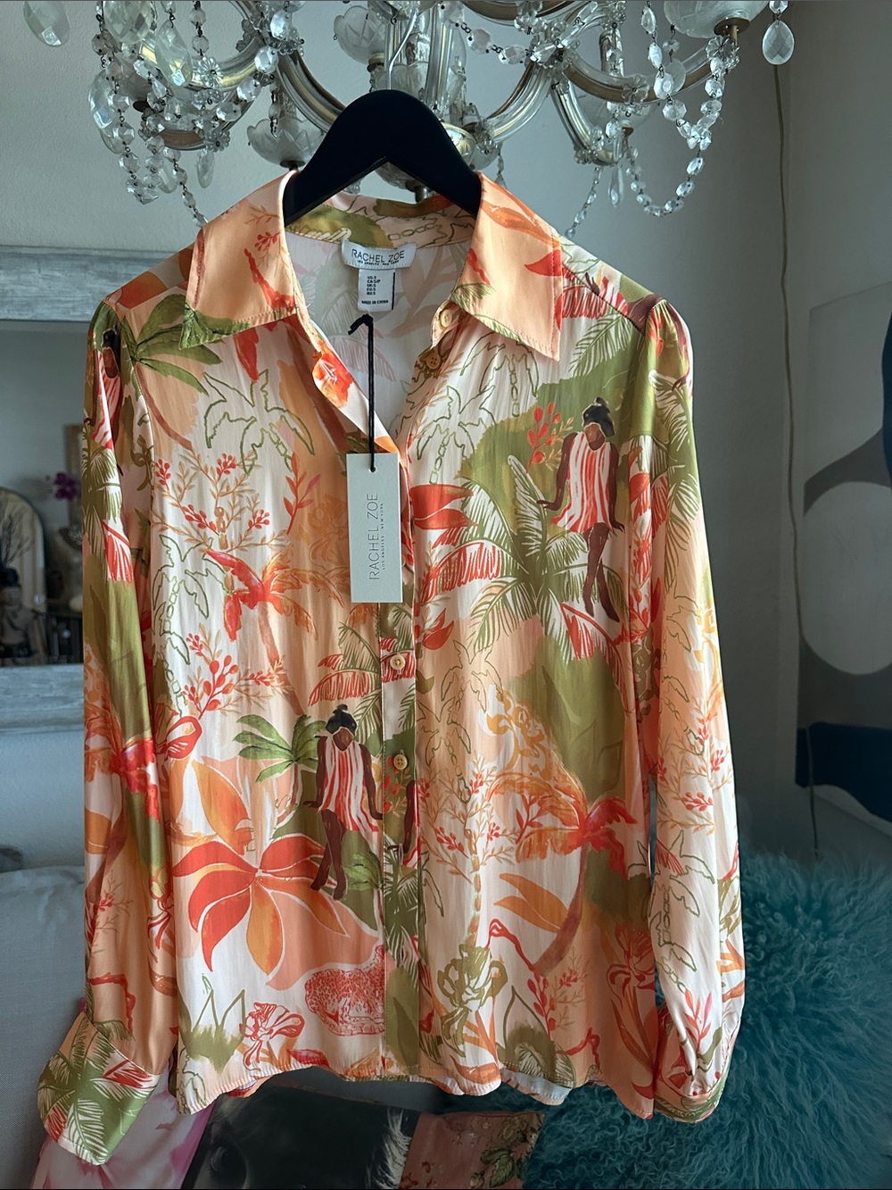 Rachel Zoe Peach, Coral & Olive Tropical Button-Up Blouse